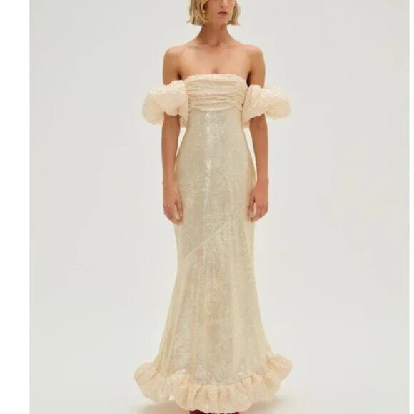 NWT FOR LOVE AND LEMONS KESSIE OFF THE SHOULDER SEQUIN CREAM MAXI GOWN DRESS S - Picture 1 of 9